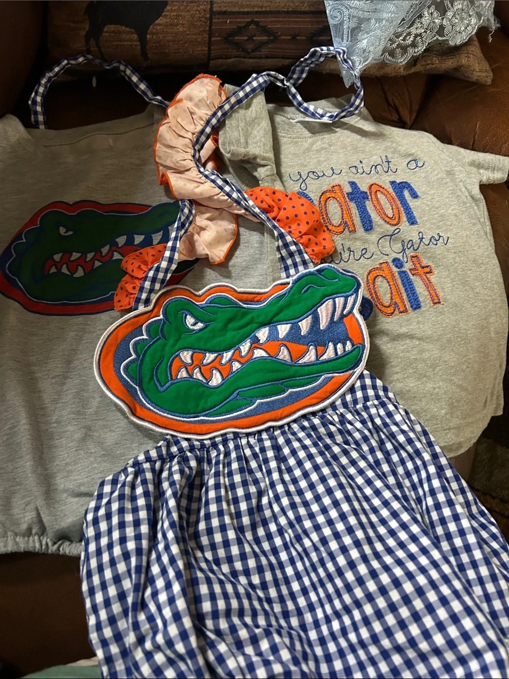 3 outfits University Gators Kids Blue & Orange Check Dress with Alligator Patch